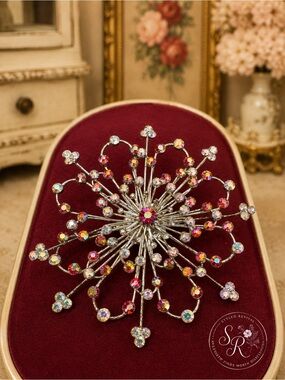 Vintage Mid Century Atomic Starburst AB Rhinestone Brooch 4” Statement Pin